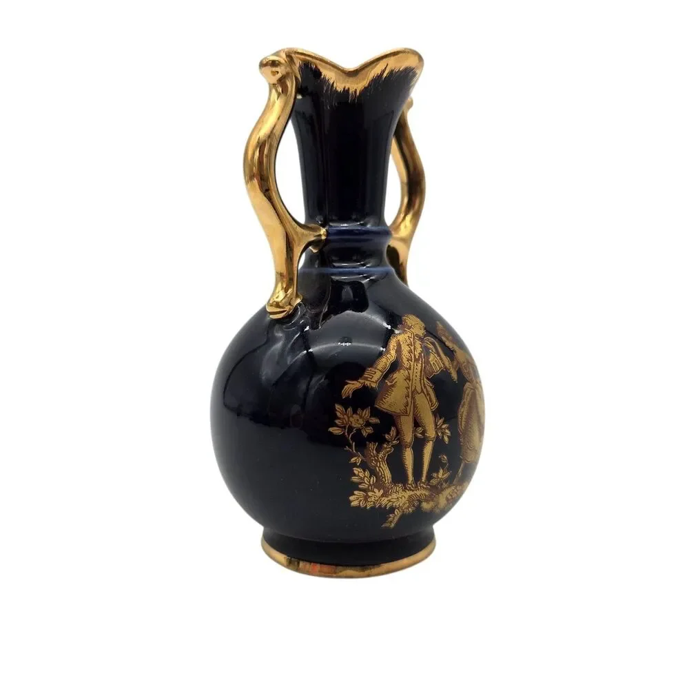 Vintage Limoges France Cobalt Blue Gilded Miniature Vase Gold Courting Couple 5